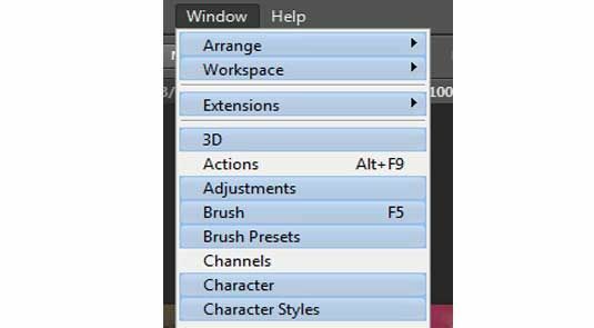 Photoshop CS6-ის ახალი ფუნქციები მონიშნულია Window მენიუში