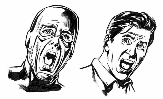 चेहरा कैसे बनाएं: चिल्लाते हुए एक आदमी के दो रेखाचित्र